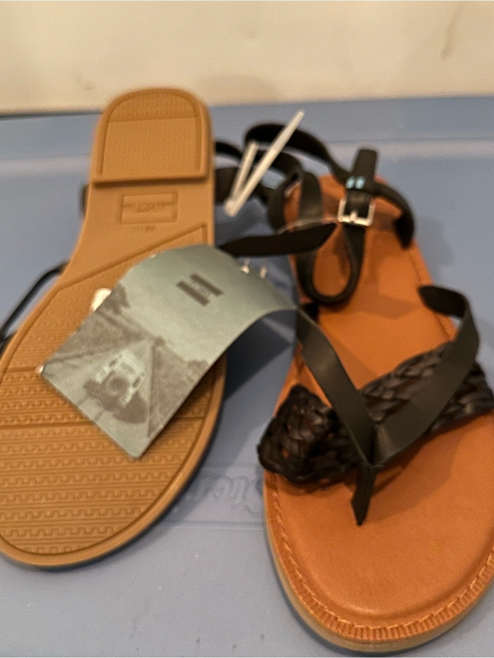 Toms Black Braided Strap Women’s Sandals with Tan Footbed